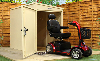 A mobility scooter storage shed
